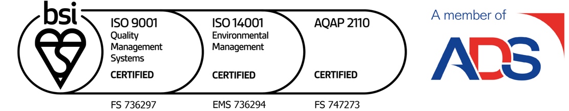 BSI certified — ISO 9001 Quality Management (FS 736297), ISO 14001 Environmental Management (EMS 736294), AQAP 2110 (FS 747273) — a member of ADS